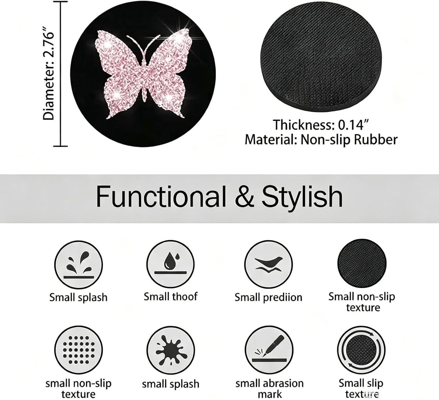 2PCS Bling Cup Holder Coaster, Anti-Slip Bling Butterfly Cup Holder Coasters for Car, 2.75In Diamond Drink Cup Mug Mat Pad, Universal Car Interior Accessories for Women (Pink)