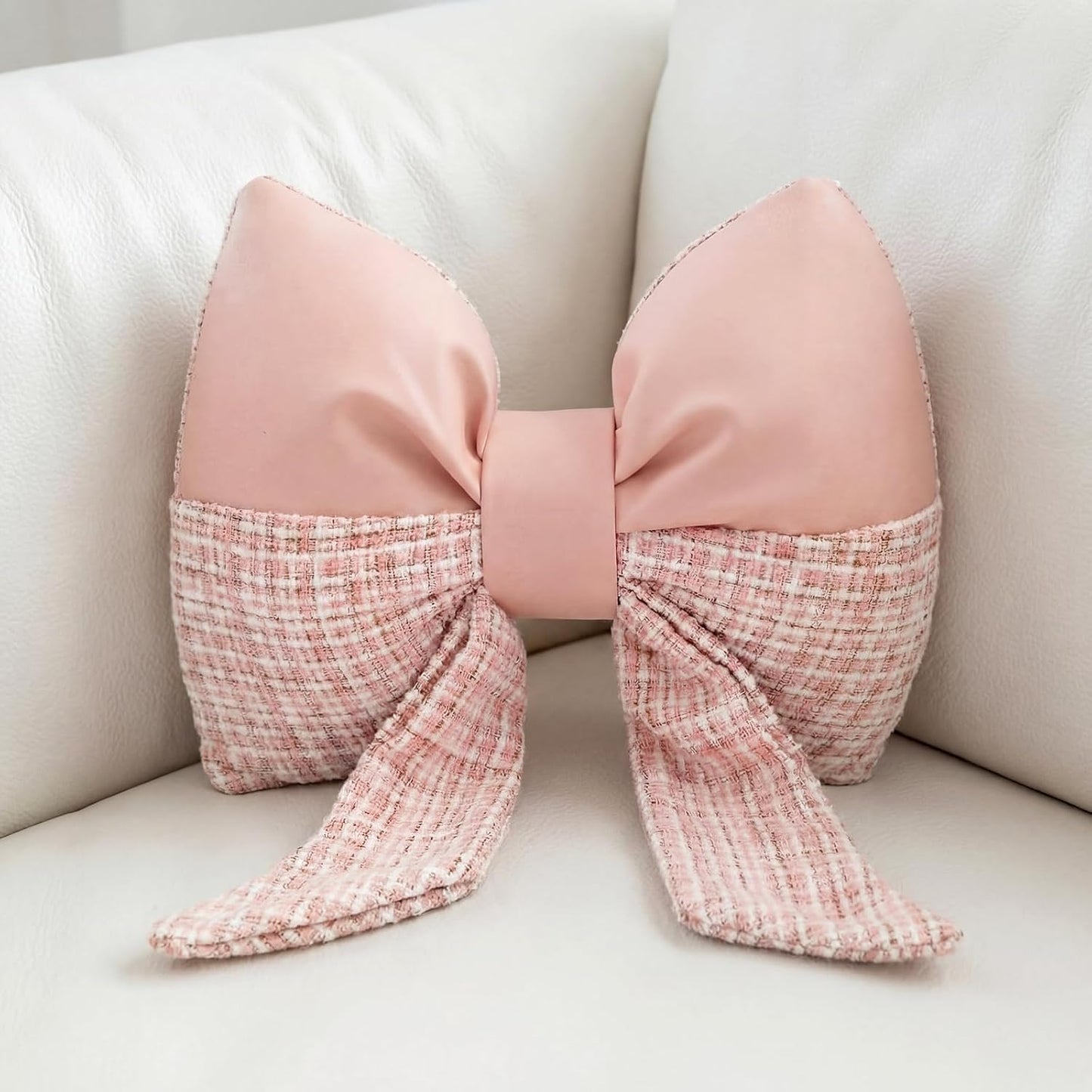 Kathfly Pink Bow Pillow Bow Shaped Throw Pillows Decorative Cute Cushion Aesthetic Decor for Room Bed Couch Sofa (Faux Leather,Tweed,Elegant)