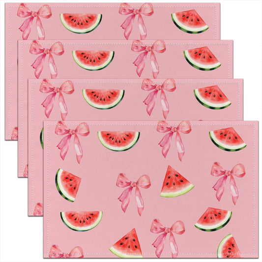 Pink Bow Placemats Set of 4 Cute Coquette Bow Knot Table Mats for Party Kitchen Dining Decoration Watermelon Themed Place Mat for Table Holiday Decor Indoor Outdoor 18"x12" Easy to Clean Washable