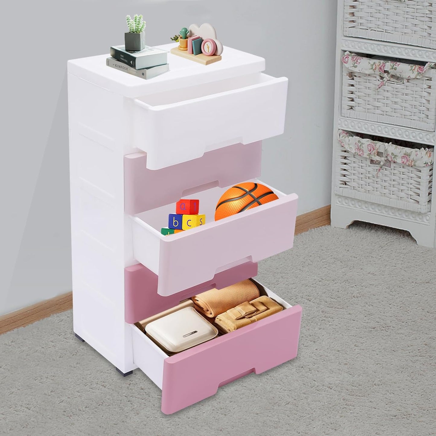 Vertical Dresser Storage Tower,Plastic Drawers Dresser,Storage Cabinet with 5 Drawers,Organizer Unit,Organizer for Bedroom (Gradient Pink 17.1 * 11.4 * 31.5in)