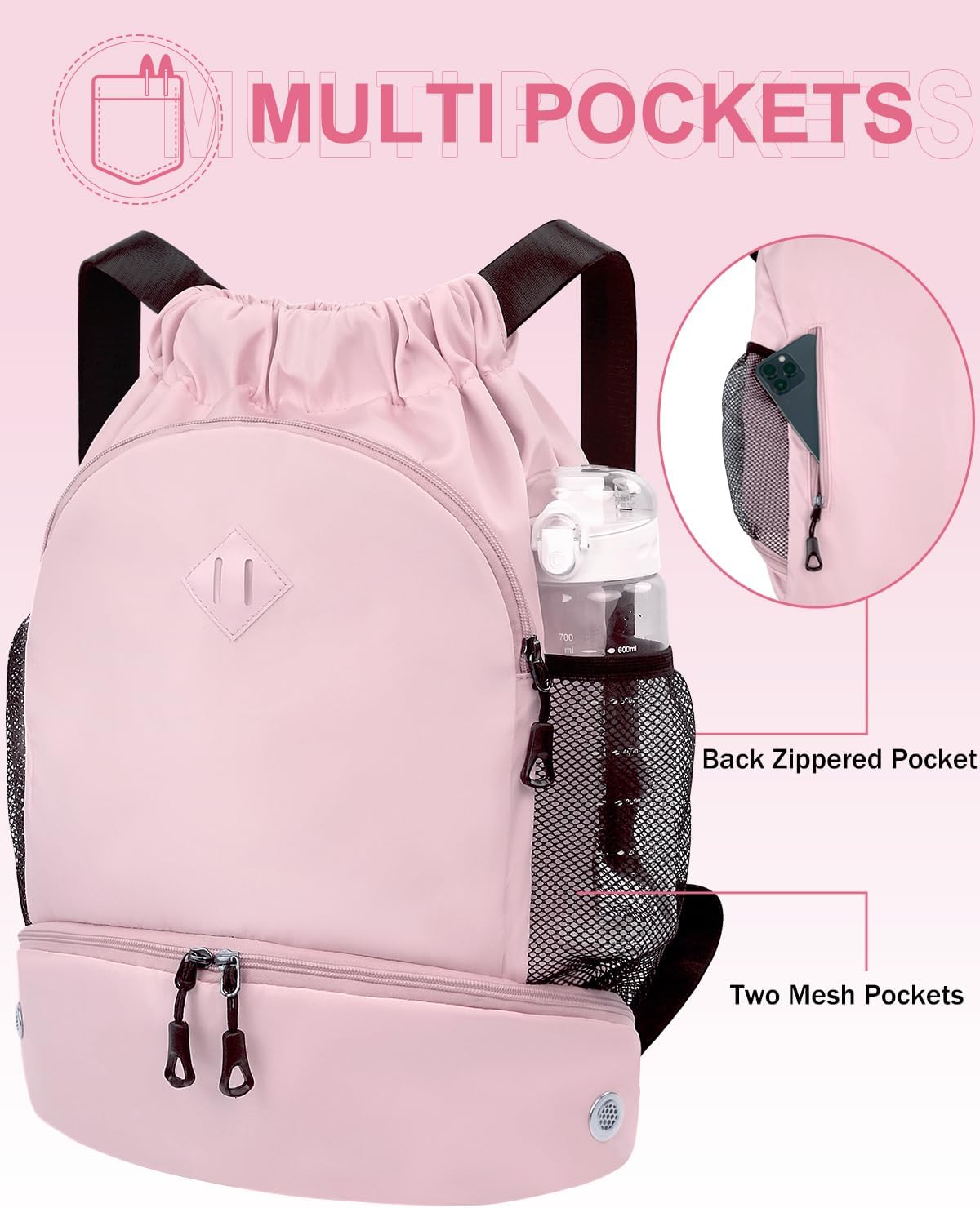 RHDZO Drawstring Backpack Gym Backpack with Shoe Compartment for Men Women String Sports Bag with Wet Pocket Cinch Swim Beach Bag, Large Pink