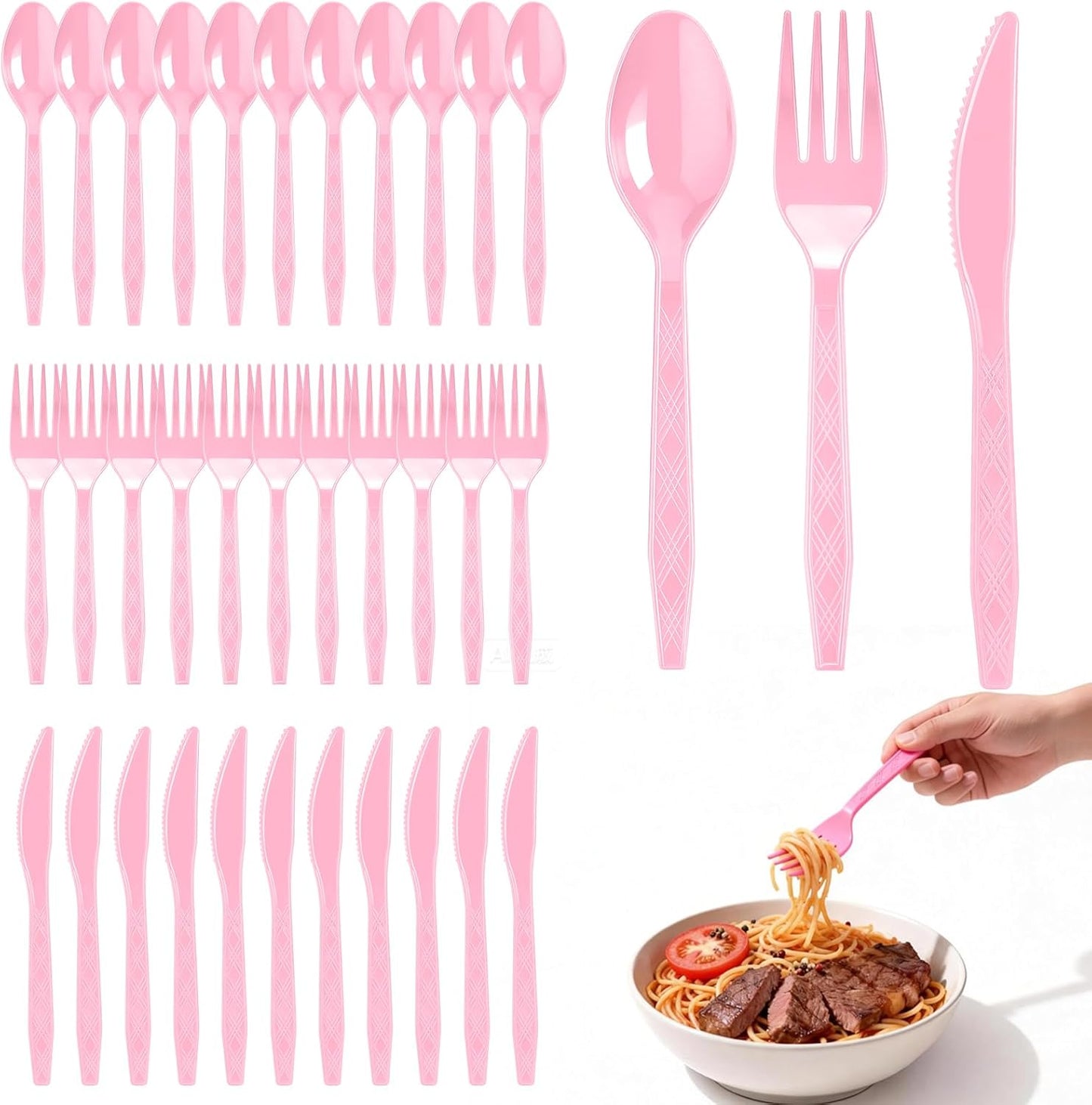 360-Pack Plastic Pink Silverware Set, Disposable Cutlery Set, Plastic Forks and Spoons Knives Utensils Set (120 Each) for Valentine's Day, Baby Shower, Bridal Shower, Princess Party, Easter