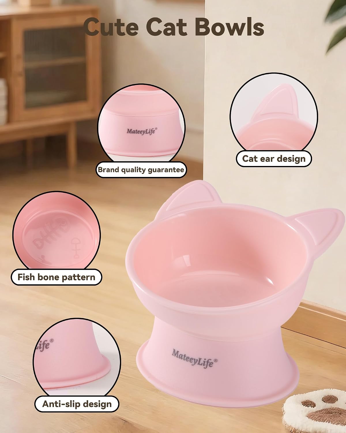 MateeyLife Raised Cat Bowls, Cat Food Bowl Elevated for Kittens & Small Dogs, 15°Tilted Protect Pets' Neck and Anti Vomiting, Whisker Friendly Food & Water Feeding Bowl, 6 oz Each - Pink