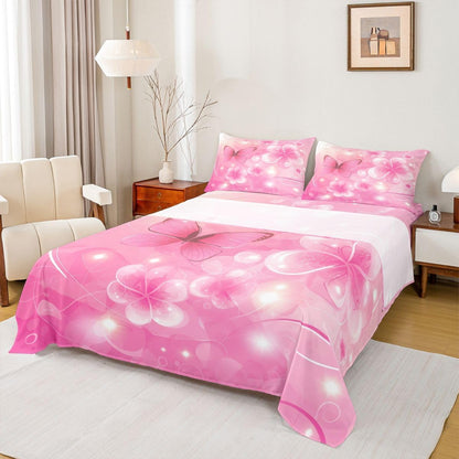 Erosebridal Flower Bed Sheets Set Twin Butterfly Sheet Set Glitter Peach Blossom Dots Princess Sheets Dreamy Pink Florals Line Flat Fitted Sheet