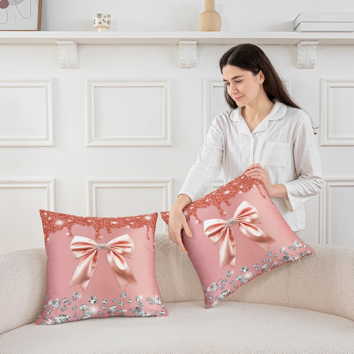 Grey Bowknot Throw Pillow Covers,Starry Sky Sequins Bow Sparkling Diamond Square Pillow Cases 16"*16"*2,Pink Bow Knot Decorative Pillowcases,Dreamy Princess Tie Cushion Covers Light Pink Room