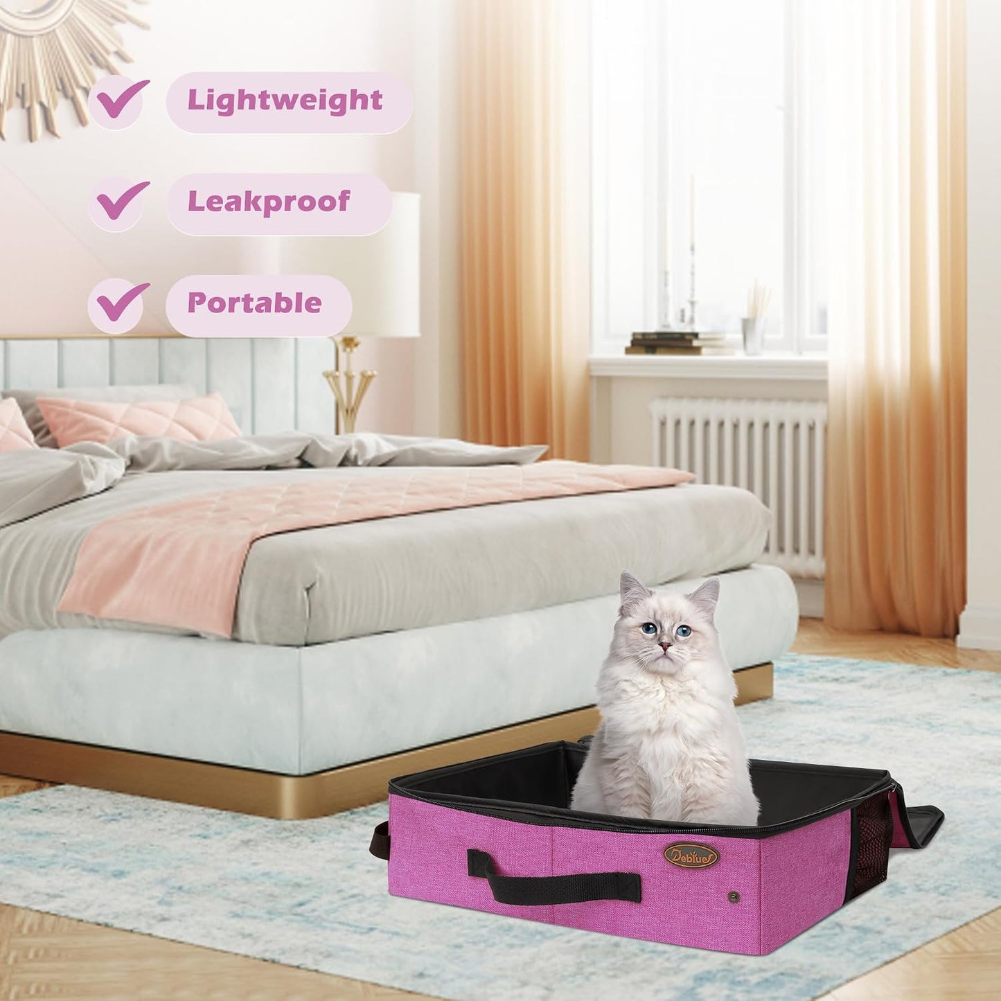 Deblue Portable Cat Travel Litter Box in Car, Collapsible Cat Litter Carrier with Lid, Waterproof Foldable Litter Box for Outdoor Fit for Large Cats, Leak-Proof, Sturdy, Lightweight-Pink
