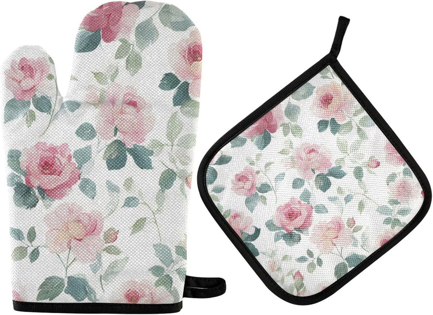 Light Pink Rose Flowers Oven Mitts and Pot Holders Set for Cooking Baking Kitchen Decor