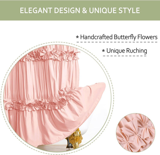 Homechoice Decor Peach Ruffle Shower Curtain, Vintage Handcrafted Bow Tie Bath Curtain for Master Bathroom, Ruched Microfiber Bathroom Curtain with 12 Buttonholes, 72" W x 72" H (LQ-10)