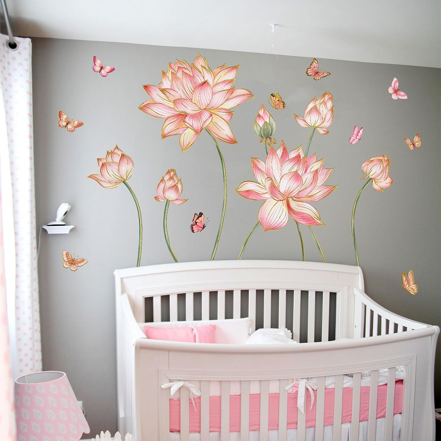 Gold Flower Wall Decals Blue Pink Floral Wall Sticker Creative Lotus Peel and Stick Removable Wall Art Decor for Living Room Bedroom Home Office (PinkLotus)