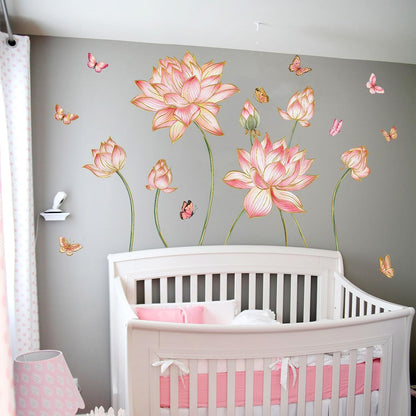 Gold Flower Wall Decals Blue Pink Floral Wall Sticker Creative Lotus Peel and Stick Removable Wall Art Decor for Living Room Bedroom Home Office (PinkLotus)