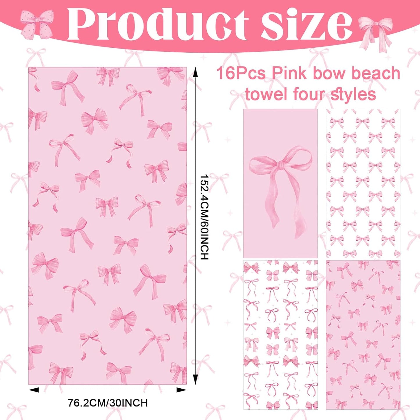Peryiter 4 Pcs Pink Bow Beach Towel 60x30 Inch Coquette Party Bow Pool Towels Microfiber Absorb Water Travel Towels for Women Girls Beach Swimming Bachelorette Party Gifts