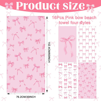Peryiter 4 Pcs Pink Bow Beach Towel 60x30 Inch Coquette Party Bow Pool Towels Microfiber Absorb Water Travel Towels for Women Girls Beach Swimming Bachelorette Party Gifts