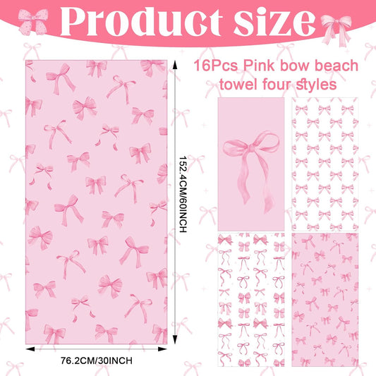 Peryiter 4 Pcs Pink Bow Beach Towel 60x30 Inch Coquette Party Bow Pool Towels Microfiber Absorb Water Travel Towels for Women Girls Beach Swimming Bachelorette Party Gifts