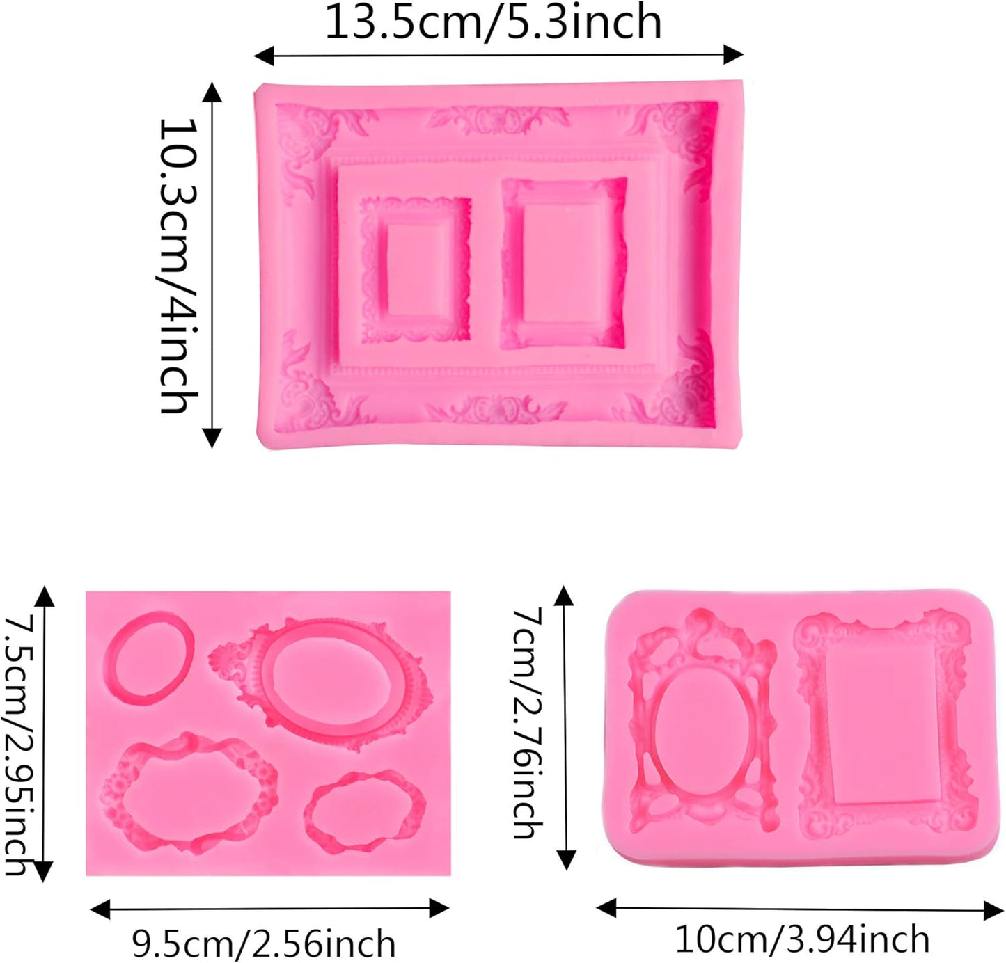 3 Pieces Pink Picture Frames Silicone Mold for Cake Decorating Sugar Gum Paste Chocolate Cookies Resin Polymer Clay