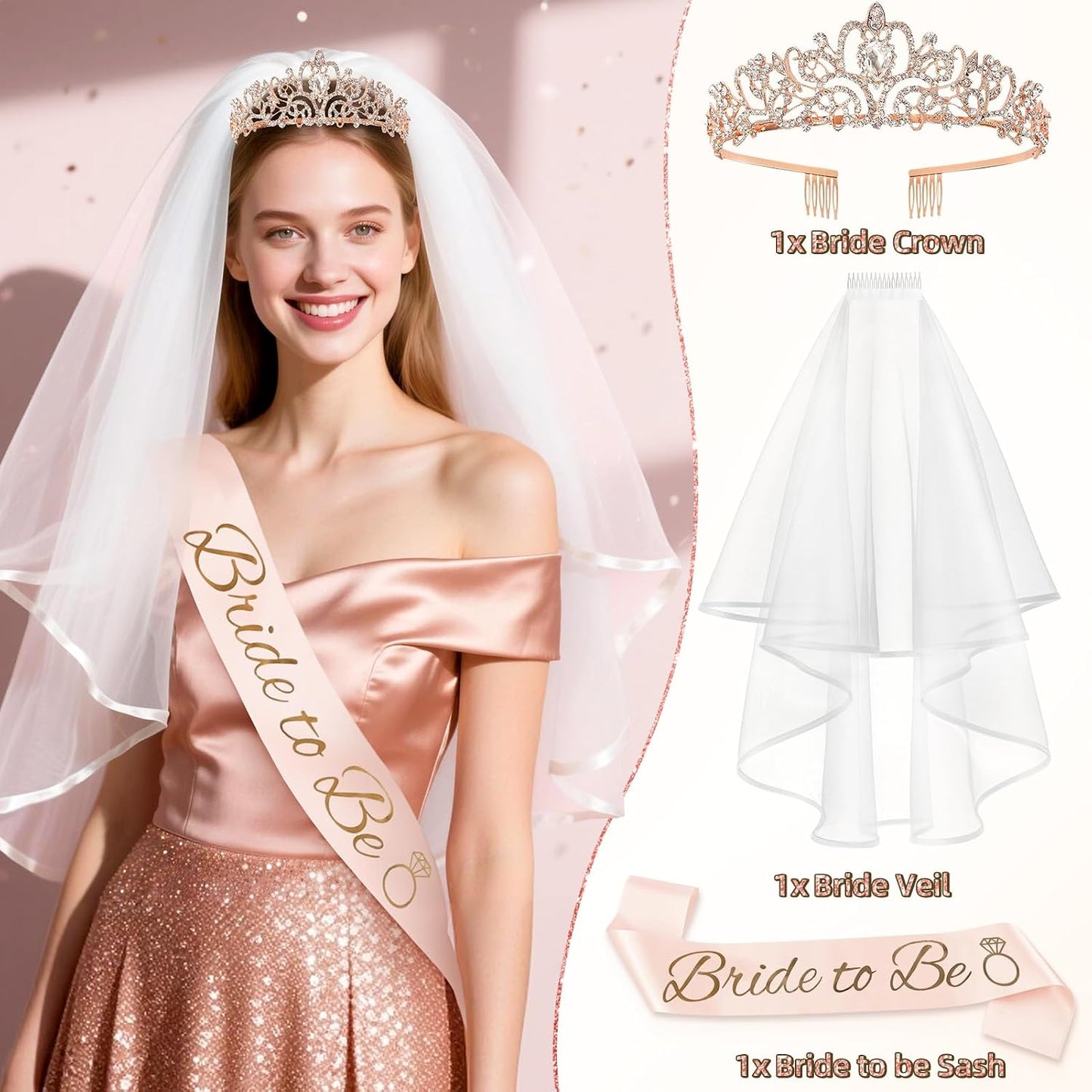 Bachelorette Party Decorations, 44Pcs Rose Gold Bridal Shower Decorations Include Bride to be Balloons Sash Veil Crown and Heart Balloon Fringe Curtain for Bachelorette Engagement Wedding Decoration