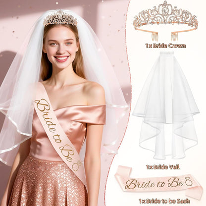 Bachelorette Party Decorations, 44Pcs Rose Gold Bridal Shower Decorations Include Bride to be Balloons Sash Veil Crown and Heart Balloon Fringe Curtain for Bachelorette Engagement Wedding Decoration