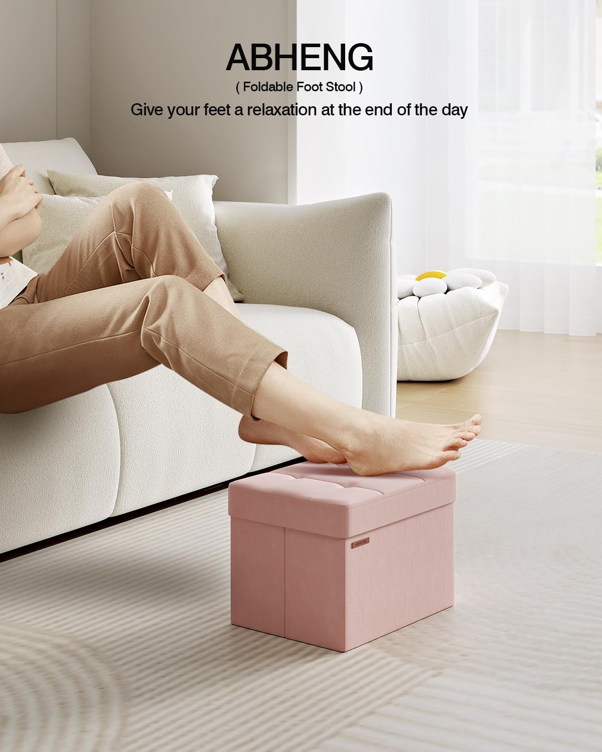 ABHENG Folding Storage Ottoman, Velvet Storage Bench, Footrest, Foot Stool,for Living Room, Bedroom and Office,12.2 x 16.1 x 12.2 Inches, 200 kg Load Capacity,Jelly Pink,UASND03P