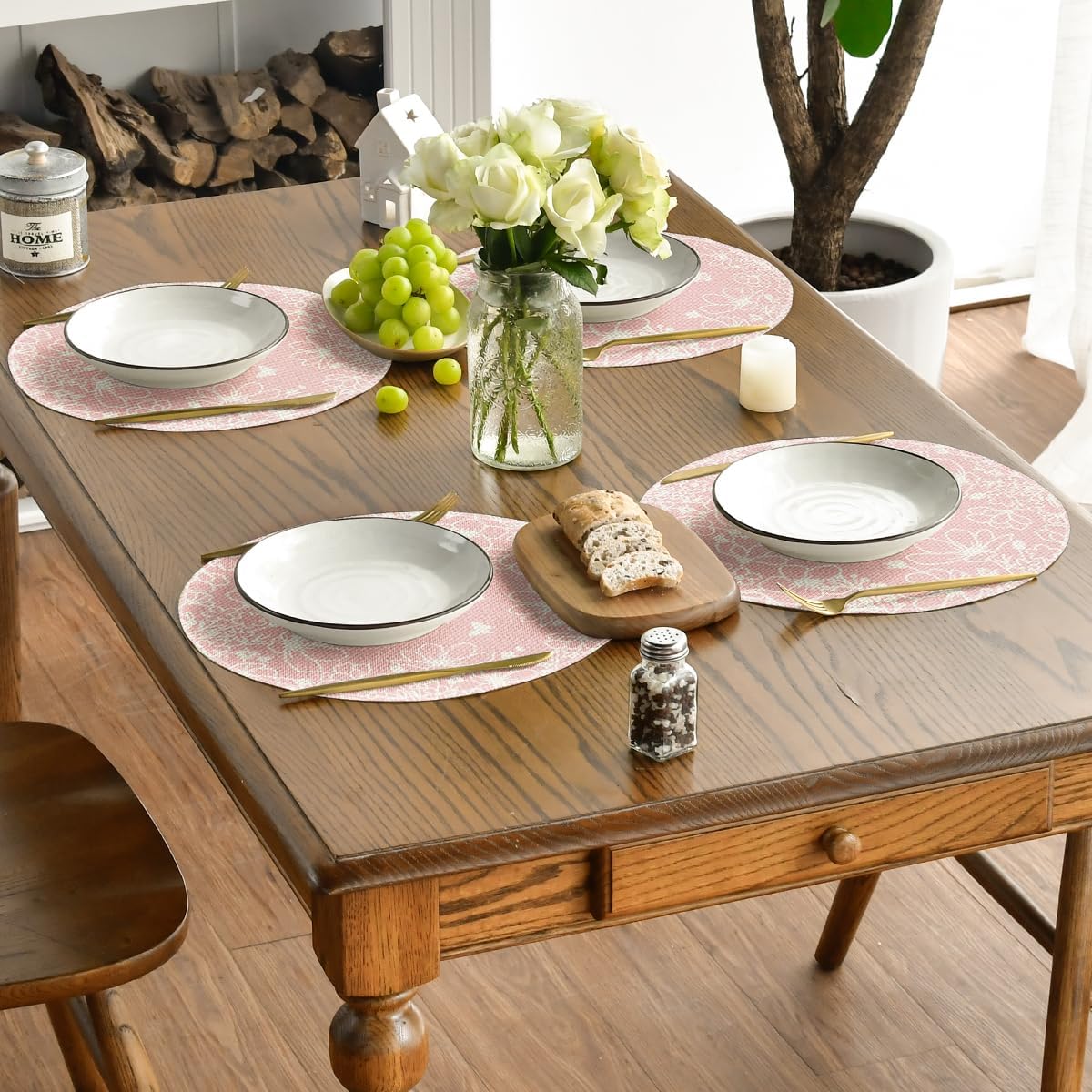 Artoid Mode Pink Florals Butterfly Round Spring Placemats Set of 4, 14 Inch Seasonal Summer Holiday Table Mats for Party Kitchen Dining Decoration