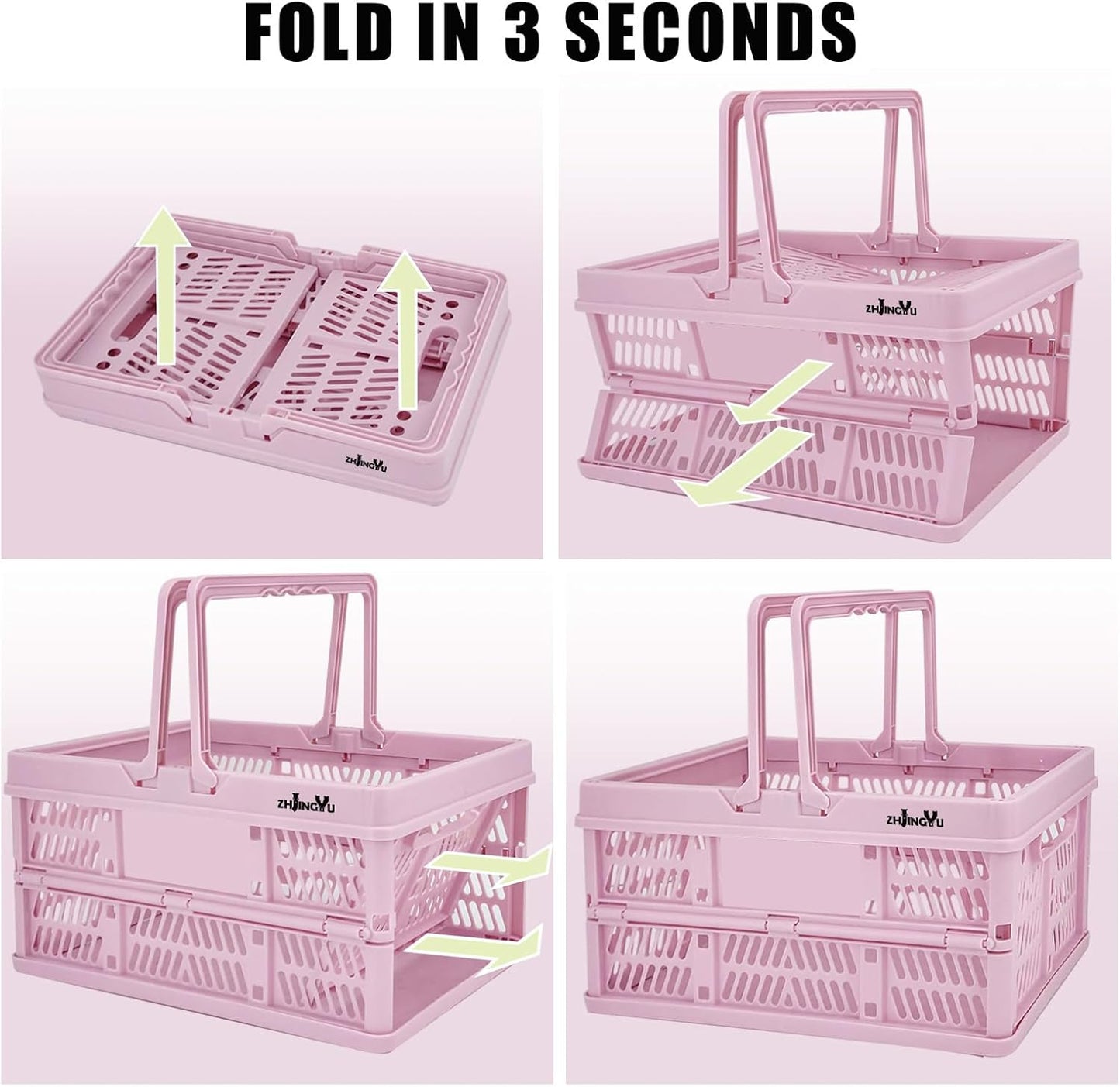 Pink crates for storage,plastic baskets for organizing,14.96" x9.84"x 7.87" collapsible shopping basket,20L foldable crate with Handles,Car Milk Dairy crate for Kitchen,Bathroom,school,office