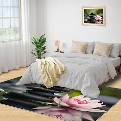 Zen Area Rug - Bathroom Rug 3x4 - Spa Stone Rugs for Bedroom Pink Lotus Design - Soft & Non Slip & Washable Rugs for Living Room - Green Leaves Decor