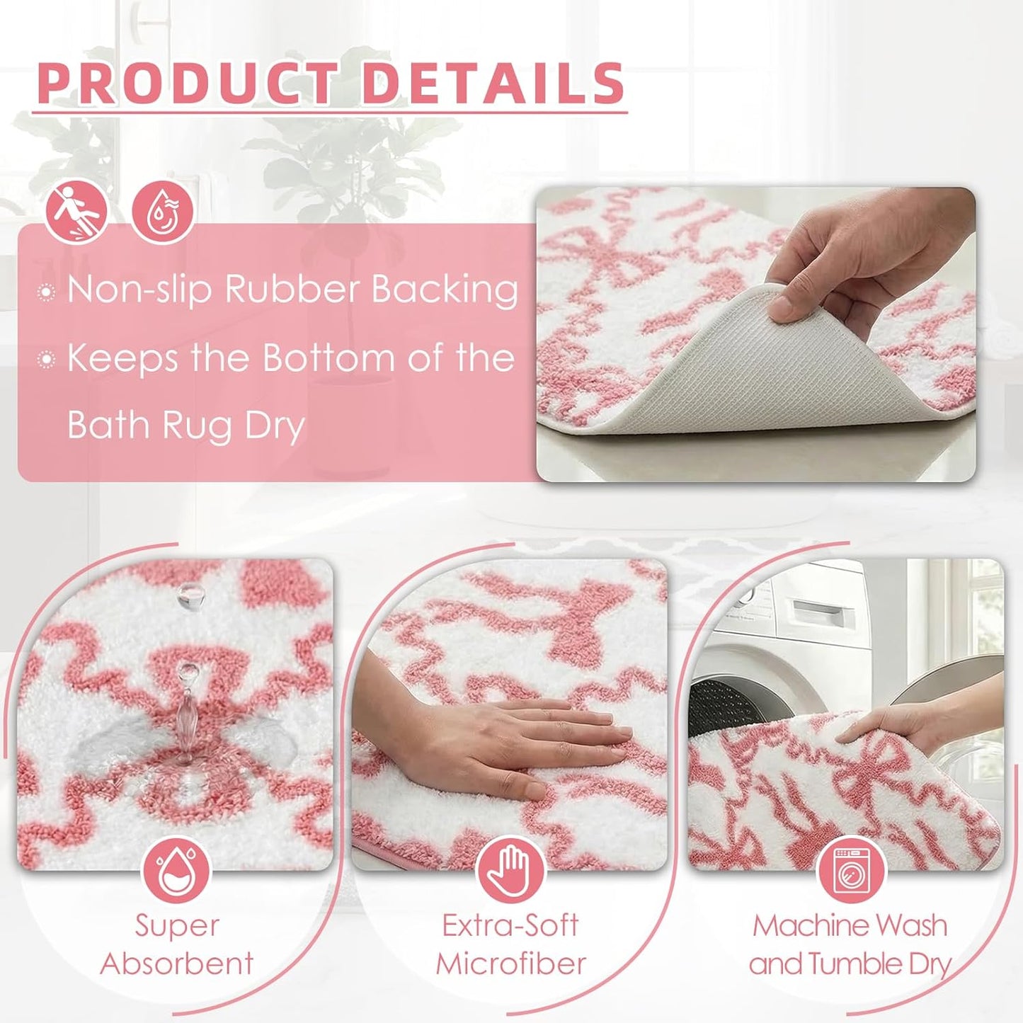 Arttown Cute Pink Bow Bathroom Rug Set 2 Piece White Fluffy Microfiber Non-Slip Water Absorbent Bath Mat Soft Washable Floor Rug for Tub Showers Laundry Room Decor (16"x24"+20"x32")