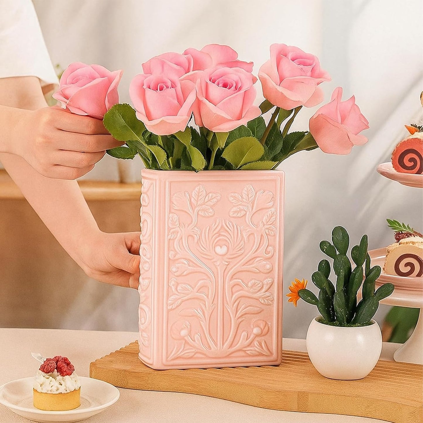 SiliFine Book Shaped Decorative Vases for Flowers Cute Ceramic Planter Home Decor Christmas Pink Flower Vase Bookshelf Dining Table Office Ornaments for Book Lovers Gifts