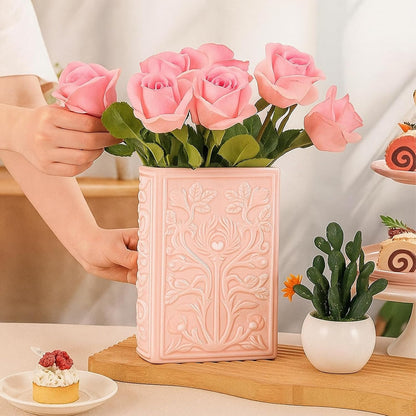 SiliFine Book Shaped Decorative Vases for Flowers Cute Ceramic Planter Home Decor Christmas Pink Flower Vase Bookshelf Dining Table Office Ornaments for Book Lovers Gifts