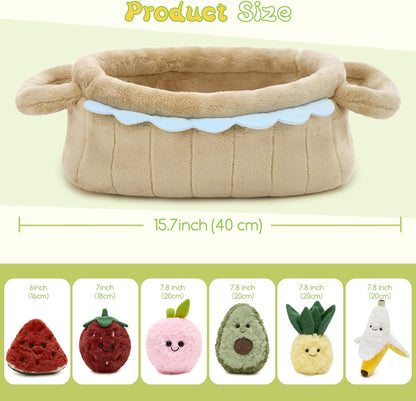 MorisMos 7Pcs Fruit Plush Toys Set, 6 Soft Stuffed Fruit Toys with Basket, Cute Pineapple Banana Strawberry Peach Watermelon Avocado Plushies for Pretend Play, Birthday for Girls Boys