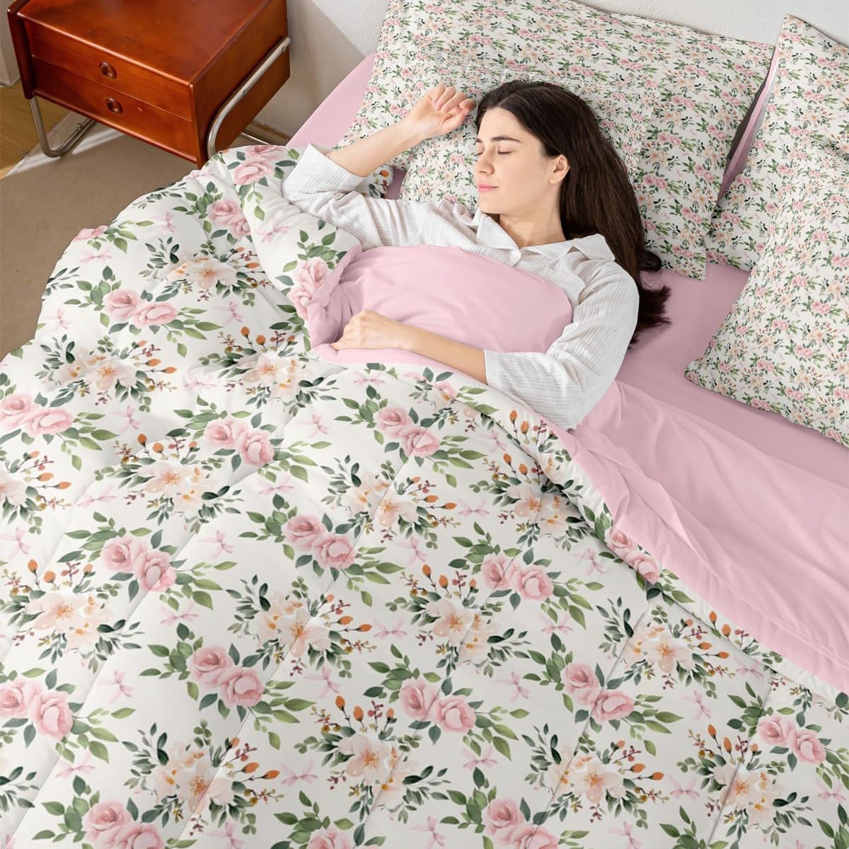 Erosebridal Flower 7 Piece Bedding Set Twin Rose Comforter Set with Sheets Peach Blossom Kawaii Ribbon Bow Bed in a Bag Princess Girly Leaves Floral Theme for Kids Girls Women