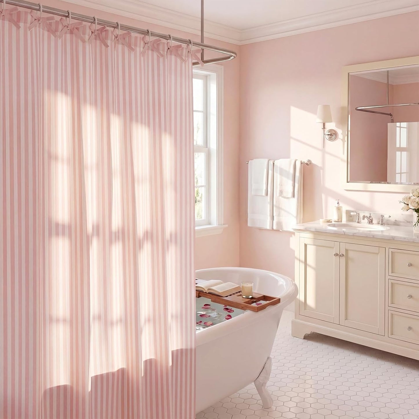 Gilprop Pink Striped Shower Curtain Set for Bathroom Boho Decor Fabric Shower Curtain with Bow Tie and Hooks, 71" x 71"