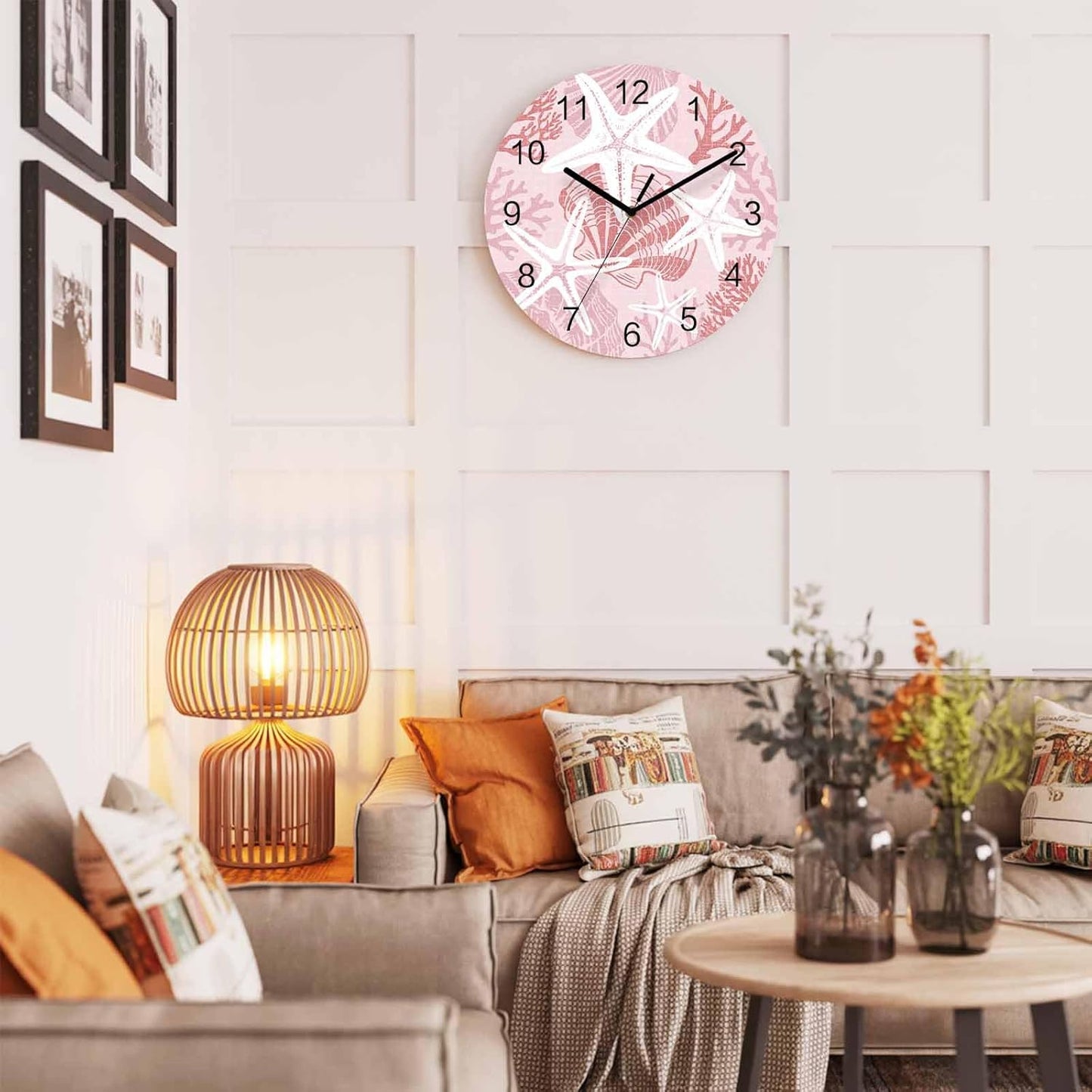 Starfish Wall Clock Battery Operated Non-Ticking 10" Round Wood Clocks, Coastal Starfish Sea Snail Coral Plaid Pink Kitchen Wall Clock for School Bathroom Living Room Home Office Wall Decor