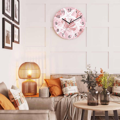 Starfish Wall Clock Battery Operated Non-Ticking 10" Round Wood Clocks, Coastal Starfish Sea Snail Coral Plaid Pink Kitchen Wall Clock for School Bathroom Living Room Home Office Wall Decor