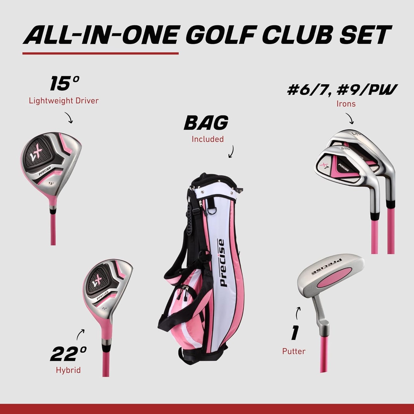 Precise X7 Kids Golf Clubs Set – Boys’ & Girls’ Junior Golf Set with Lightweight Graphite Shafts, Hybrid, Putter & Stand Bag