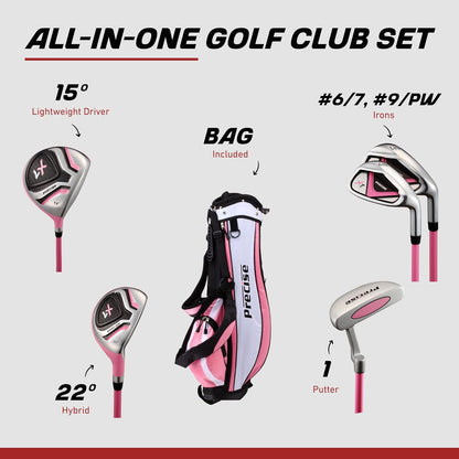 Precise X7 Kids Golf Clubs Set – Boys’ & Girls’ Junior Golf Set with Lightweight Graphite Shafts, Hybrid, Putter & Stand Bag