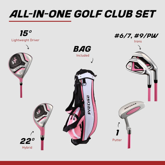 Precise X7 Kids Golf Clubs Set – Boys’ & Girls’ Junior Golf Set with Lightweight Graphite Shafts, Hybrid, Putter & Stand Bag