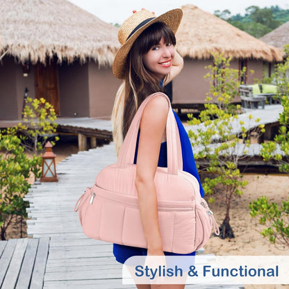 TOPDesign Travel Duffel Bag for Women, Puffer Gym Bag Sports Tote with Wet Pocket, Carry On Weekender with Luggage Sleeve (Pink)