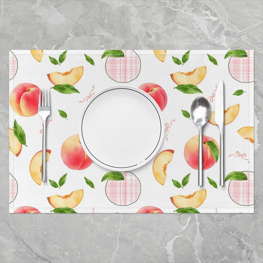 Castle Fairy Pink Peach Placemats Set of 4,Bowknot Leaves Fruit Table Place Mats for Kids Boys Girls,Food Theme Placemat Peachy Grid for Kitchen Dining Table Decoration 12"x18"