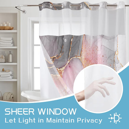 LB No Hook Shower Curtain with Snap in Liner Pink Marble Shower Curtain for Bathroom Abstract Pink and Grey Marble Textured Bathroom Curtains Shower Set, 72x74 inches Shower Curtain and Liner Set