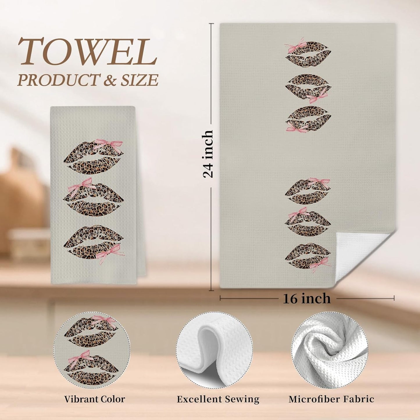 Coquette Pink Bow Leopard Lip Print Bathroom Hand Towels, Trendy Girly Cheetah Print Lips Decorative Hand Towels for Bathroom Washroom Restroom Powder Room, 16x24 Inch