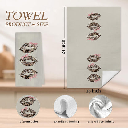 Coquette Pink Bow Leopard Lip Print Bathroom Hand Towels, Trendy Girly Cheetah Print Lips Decorative Hand Towels for Bathroom Washroom Restroom Powder Room, 16x24 Inch