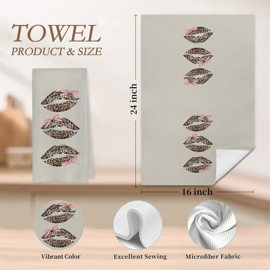 Coquette Pink Bow Leopard Lip Print Bathroom Hand Towels, Trendy Girly Cheetah Print Lips Decorative Hand Towels for Bathroom Washroom Restroom Powder Room, 16x24 Inch