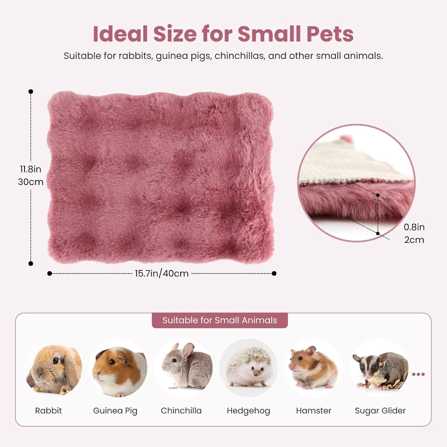 2 Pack Rabbit Mat, Soft Plush Bunny Bedding with Non-Slip Bottom, Washable Fluffy Guinea Pig Cage Liner, Small Pet Sleeping Pads for Hamster, Chinchilla, Pink