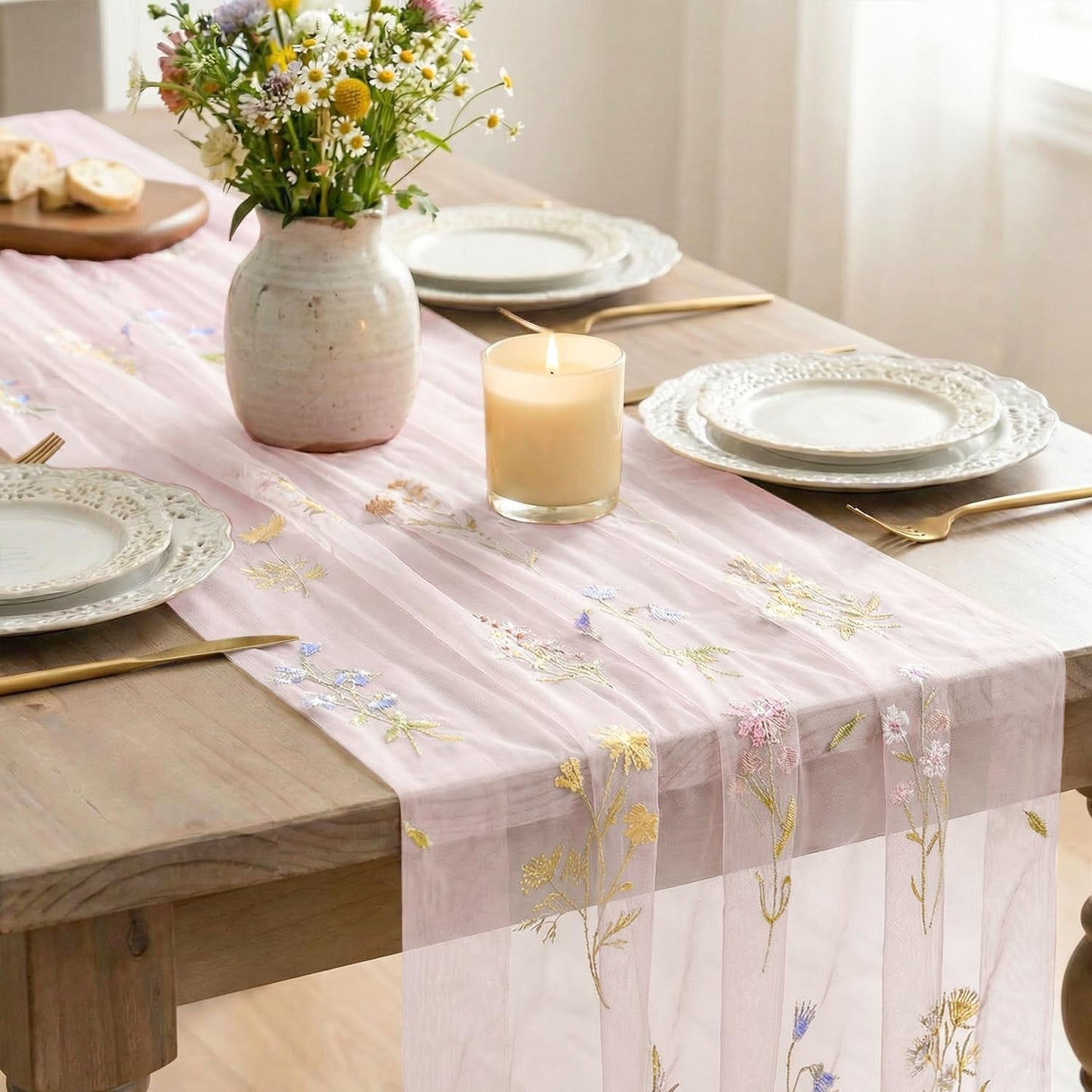 Artoid Mode Wildflower Floral Light Pink Gauze Embroidery Table Runner 120 Inch 10FT, Tulle Seasonal Spring Kitchen Dining Table Decor for Home Party