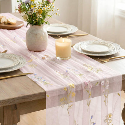 Artoid Mode Wildflower Floral Light Pink Gauze Embroidery Table Runner 120 Inch 10FT, Tulle Seasonal Spring Kitchen Dining Table Decor for Home Party
