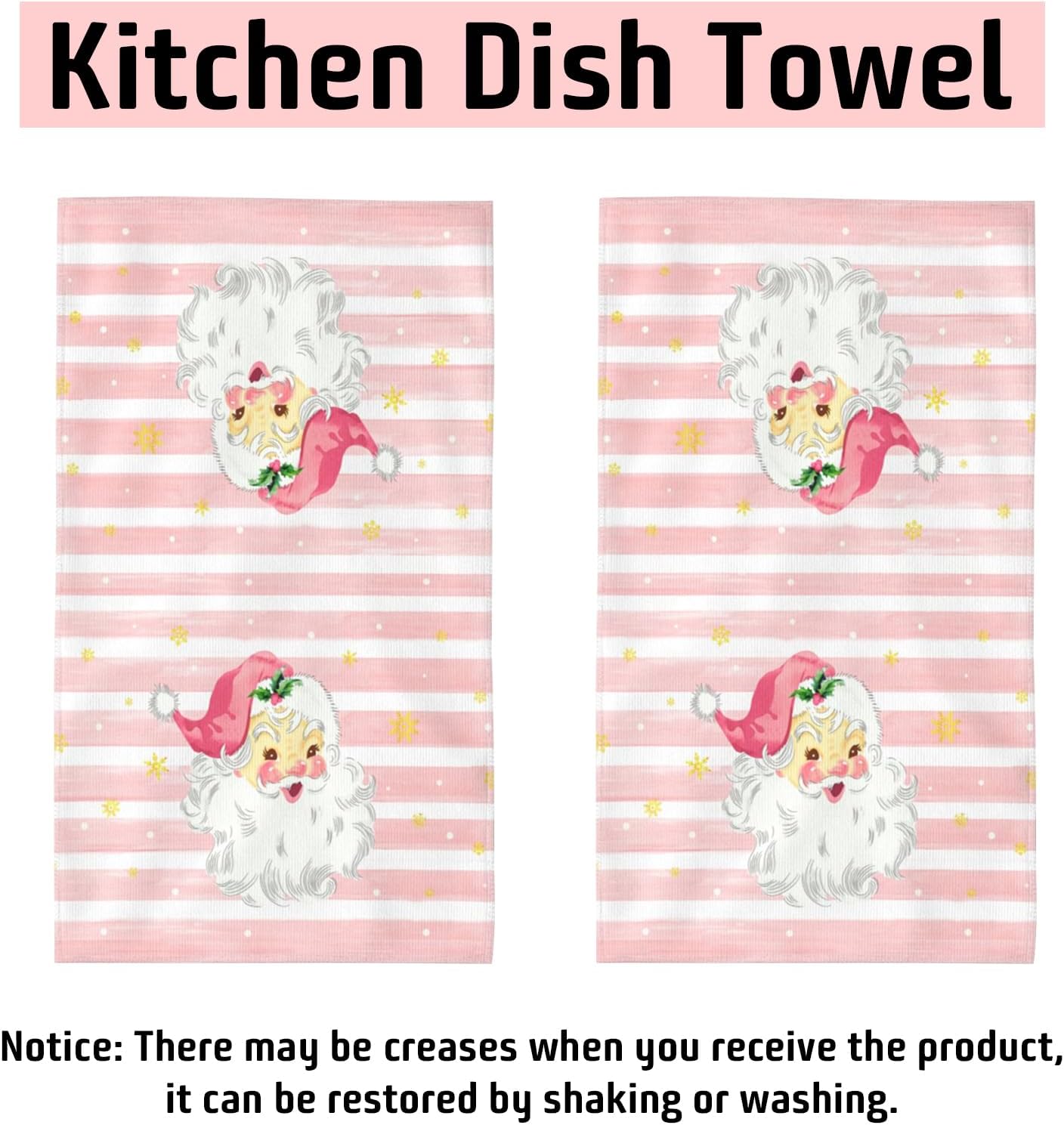 Xmas Santa Claus Kitchen Dish Towels, 2 PC Winter Christmas Decoration Hand Towels, Snowflake Pink Stripes Tea Towels, 26x18 Inch Hand Towels for Cooking Baking