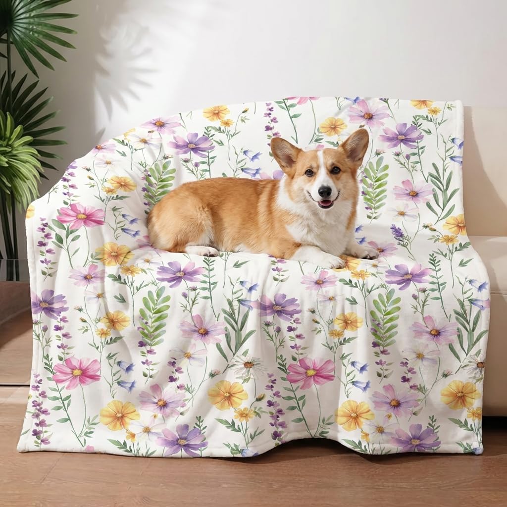 Horaldaily Pets Flannel Blanket, Spring Summer Watercolor Wildflowers Soft Fuzzy Fluffy Plush Cozy Fleece Premium Blankets for Dog Cat Puppy Kitten Couch Protection, 30x40