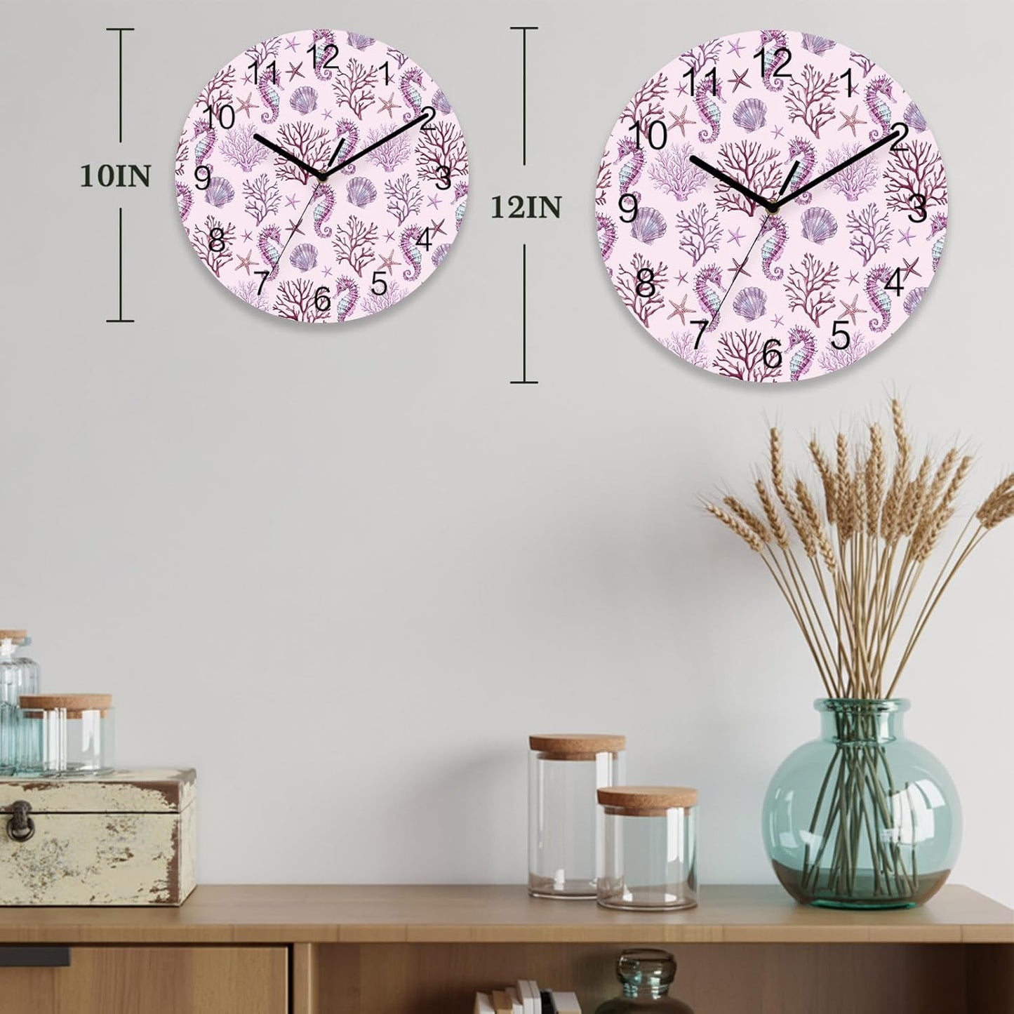Marine Life Wall Clock Battery Operated Non-Ticking 10" Round Wood Clocks, Ocean Coral Seahorse Starfish Pink Kitchen Wall Clock for School Bathroom Living Room Home Office Wall Decor