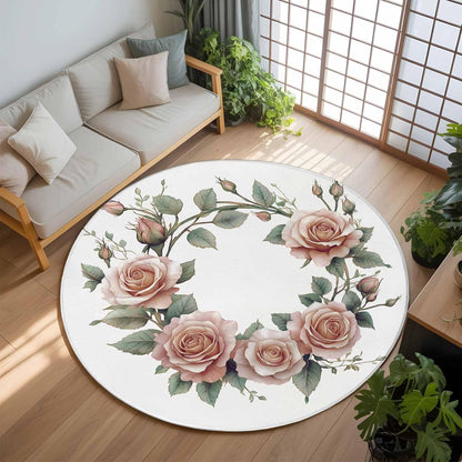 Retro Flower Large Round Rug 8 FT, Non Slip Living Room Area Carpet, Pastoral Pastel Pink Rose Floral Leaf Washable Soft Circle Rug Non-Shedding Floor Carpet for Bedroom Office Dining Room