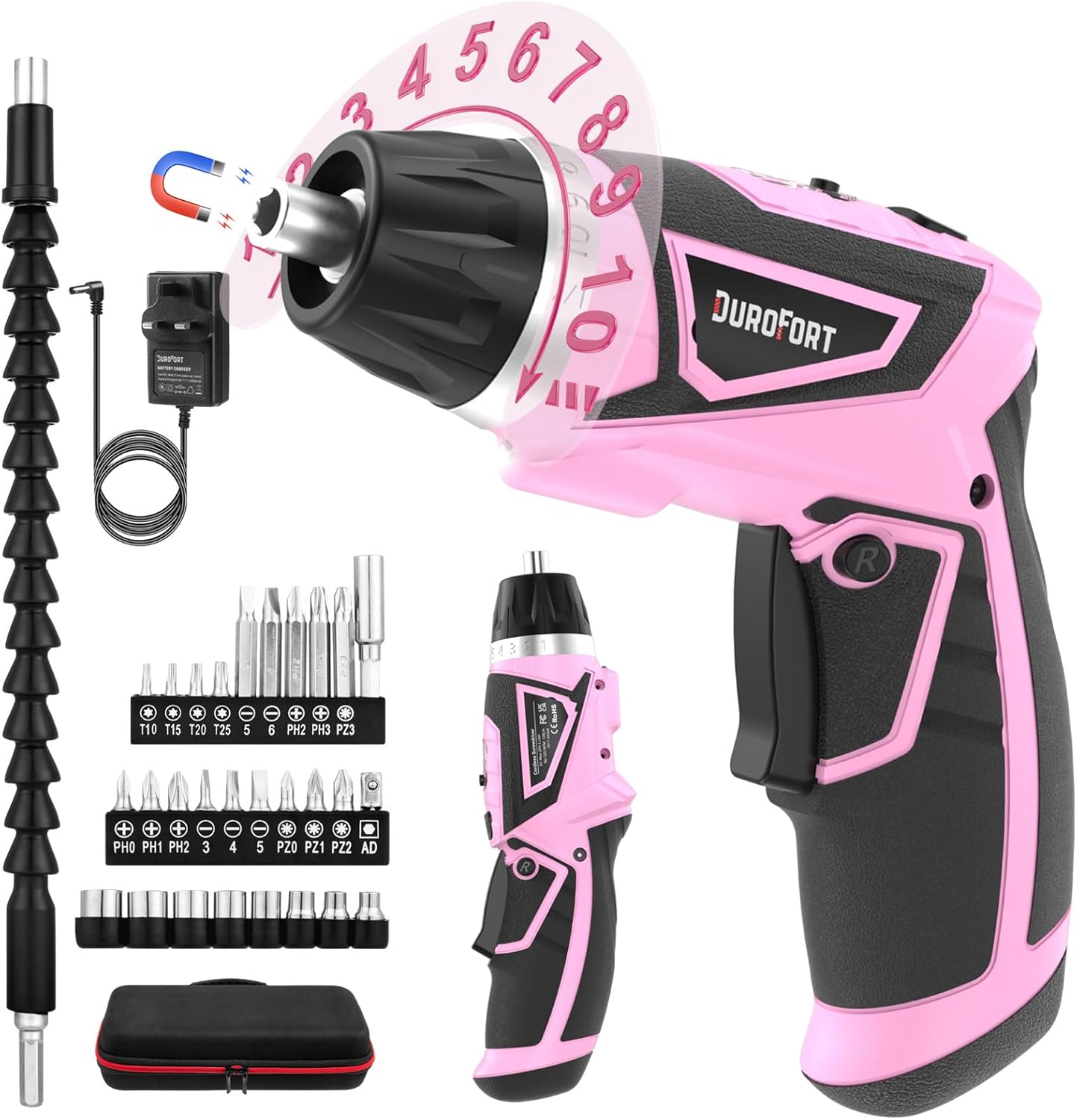 DuroFort Cordless Electric Screwdriver Set, 8V 10Nm Rechargeable Power Electric Drill, Battery Screw Gun with Driver Bit, 320RPM/10+1 Torque, 2 Position Handle, Flexible Shaft LED Light (Pink, 39Pcs)