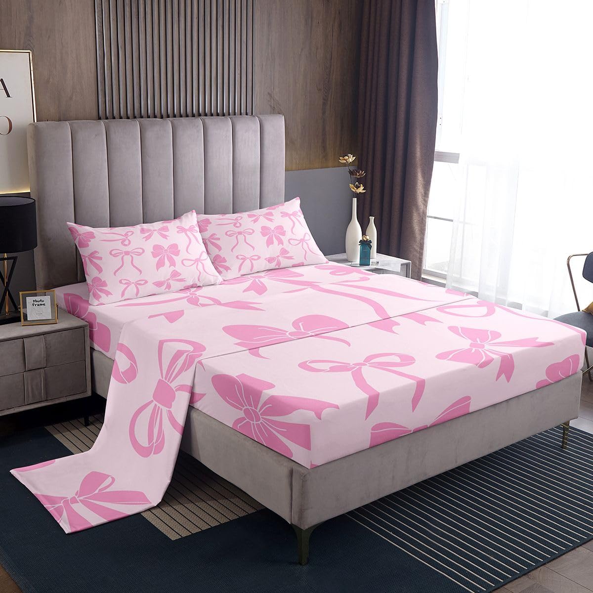 Feelyou Bow Bed Sheets Sets Queen Size Kids Boys Girls Cute Bowknot Bedding Set Pink Peach Bed Sheet Set with 16-Inch Deep Pockets 4Pcs with 2 Pillow Cases